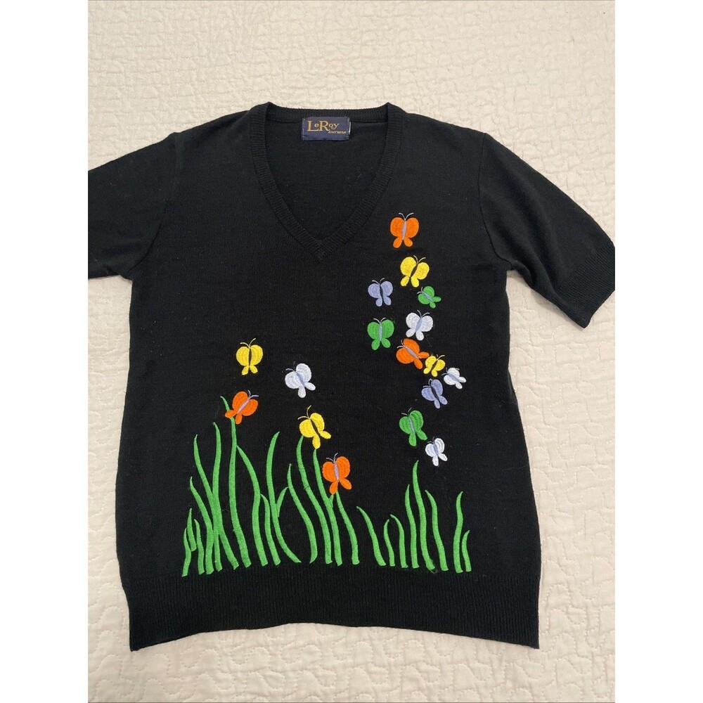 VTG Le Roy Knitwear Sweater Womens Xs S Black Butterfly Embroidered V Neck Fairy